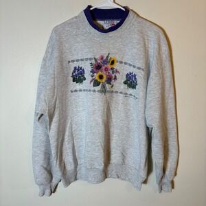 Morning Sun‎ Jerzees Vintage Floral Embroidered Mock Neck Sweatshirt Size Large